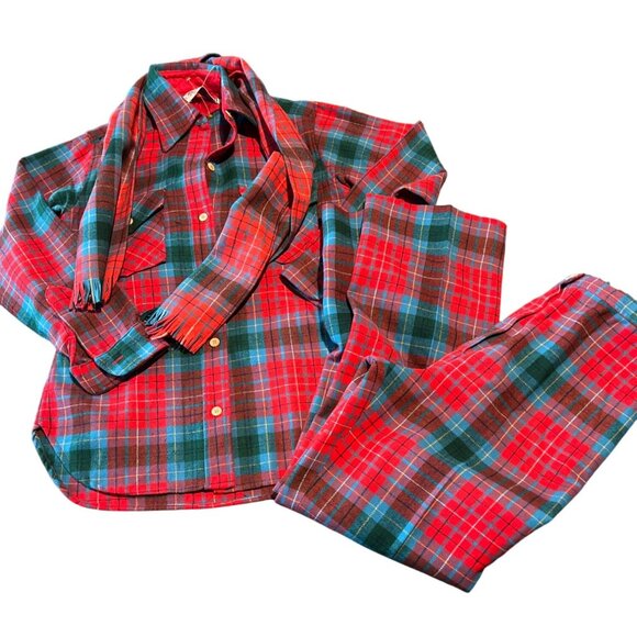 Vintage Knockabouts Pendleton 100% Wool Plaid Matching Set Scarf Shirt & Pants - Picture 1 of 16